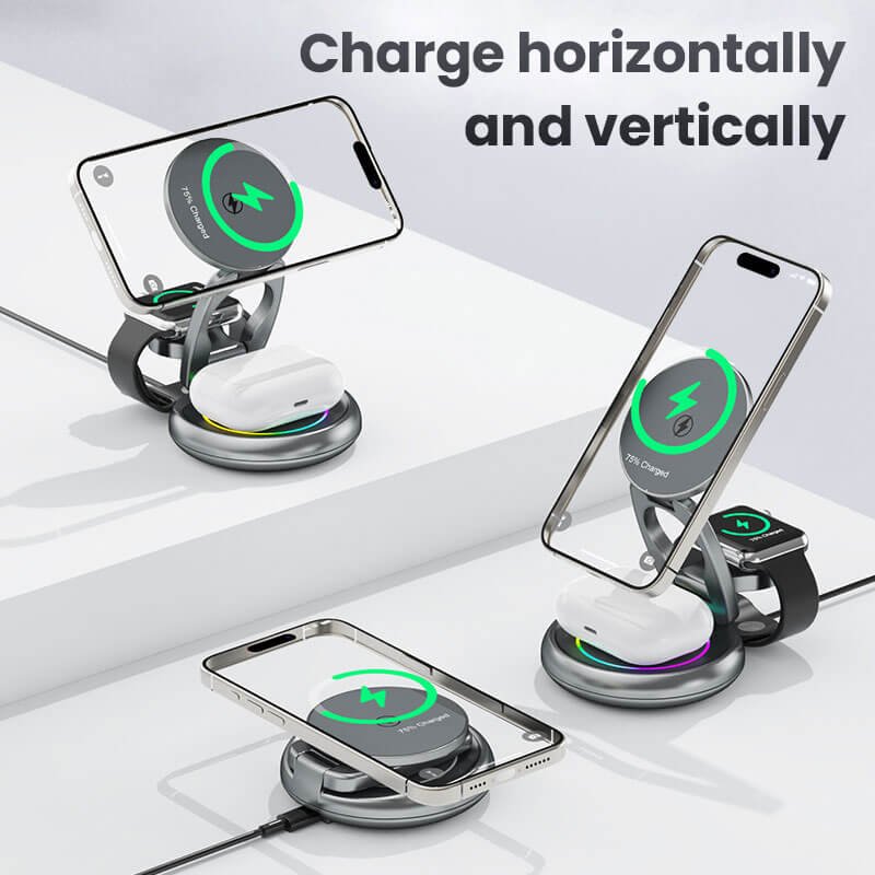 15W 3-in-1 Wireless Charging Station with 360° Rotating Magnetic Phone Stand - Image 7