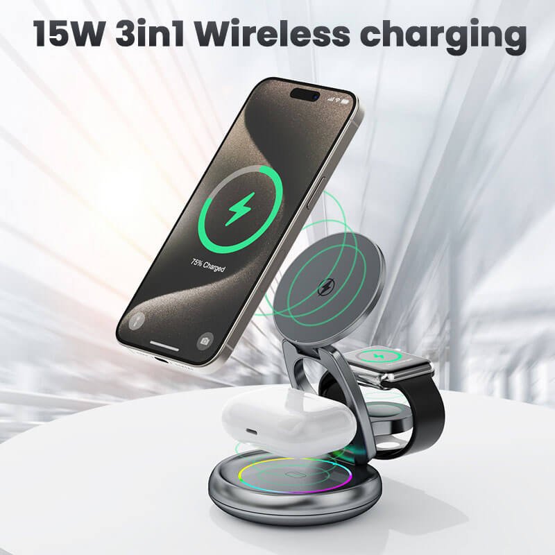 15W 3-in-1 Wireless Charging Station with 360° Rotating Magnetic Phone Stand - Image 5
